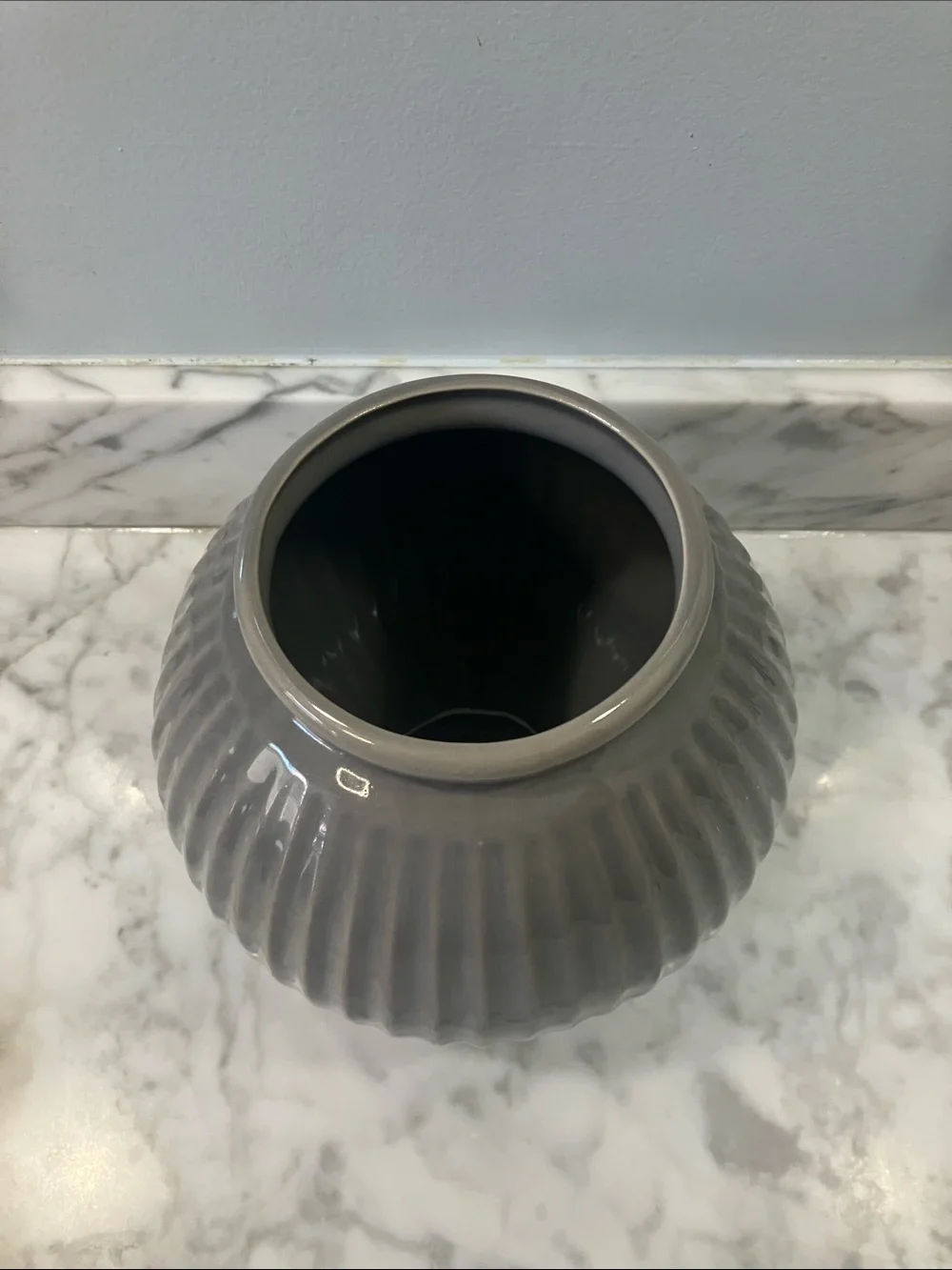 IKEA Gray Ribbed Ceramic Globe Vase 7in tall round ball stoneware